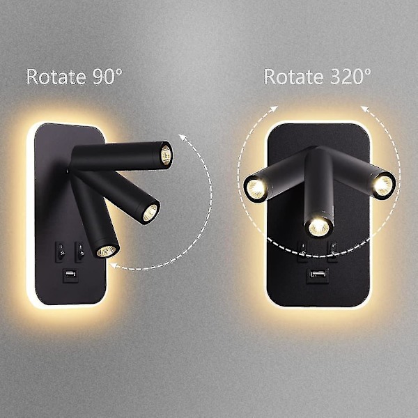 LED væglampe, sengelampe med afbryder, USB-opladningsport, justerbar spotlight til soveværelsesbelysning (3w 3000k + 9w 6000k) sort