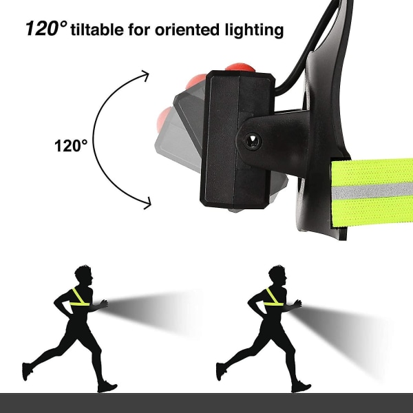 Løpelys, USB-oppladbart LED-løpelys, 120 justerbart brystlys, 500 lumen, løpelys med refleksstrimler for jogging, turgåing
