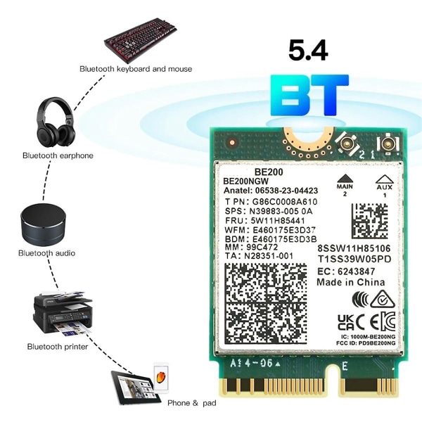 For Be200 Wifi 7 M.2-kort Bluetooth 5.4 Be200ngw 2.4g/5g/6ghz trådløs adapter nettverkskort med et