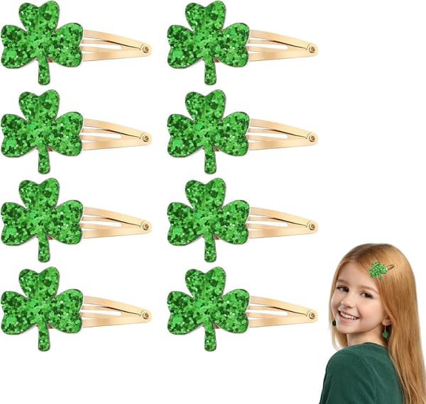 4 par glittriga gröna klöverhårklämmor, Lucky Clover Hårklämmor Dam St