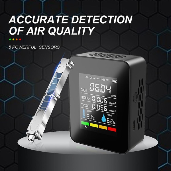 5 i 1 CO2-måler Digital Temperatur Fugtighedstester Kuldioxiddetektor Luftkvalitetsmonitor Tvo