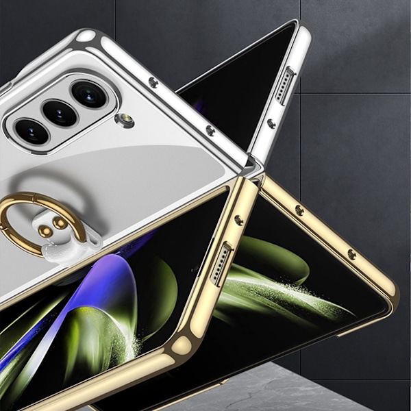 Pläterad genomskinlig skal kompatibel med Samsung Galaxy Z Fold 5, hårt PC ultratunt stöttåligt fodral med ringstativ