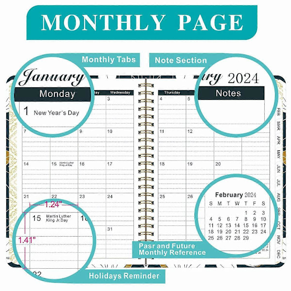 2024 Planner - Planlægger/Kalender 2024, Jan 2024 - Dec 2024, 2024 Planner Ugentlig og Månedlig med Faner, 21.7 x 15.8cm