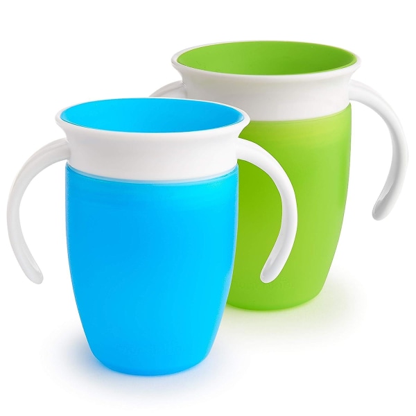 -2 stk Baby drikkebæger Spædbørns drikketræning Magic Cup Anti-choke kop med håndtag (blå og grøn