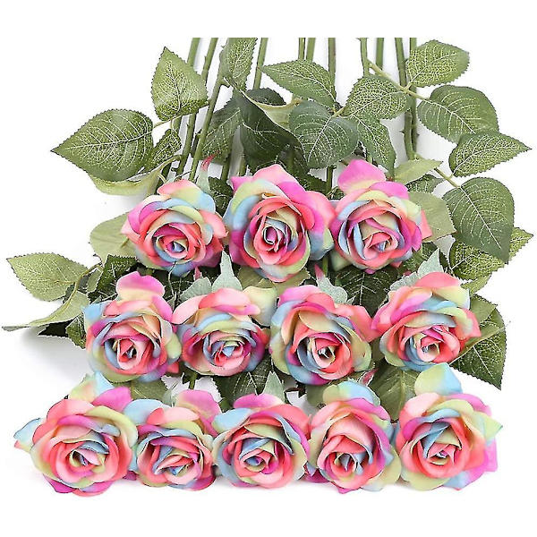 12-pack Konstgjorda Regnbågsblommor, Regnbågsrosbukett Falska Regnbågsrosor Real Touch Rosor Silkesblommor för Blomster-DIY Hem Bröllopsdekoration Fest