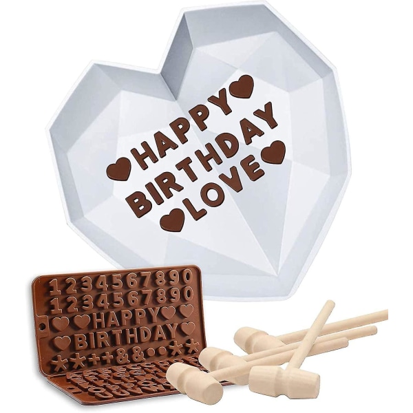 Hjerteformer for sjokolade 8,7 tommer stor silikon kakeform, 2 stk silikon bokstavform og 4 stk Hamm