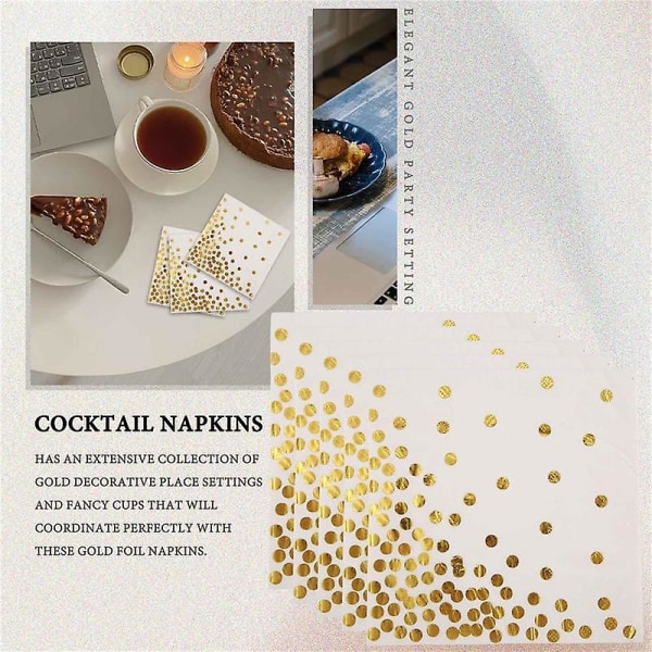 Gold Dot Cocktail Servietter (50-pakning) 3-lags Papirservietter Med Gullfolie Polka Dots Perfekt For Bursdag