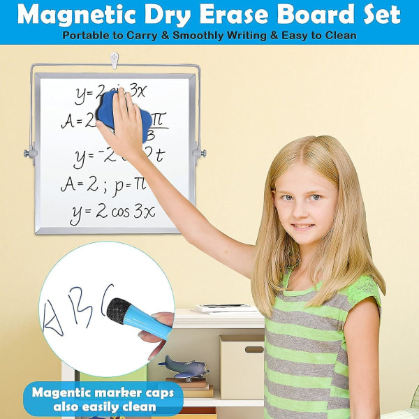 -magneettinen työpöydän kuivapyyhkimisvalkoinen taulu, 10"x10" - kaksipuolinen pieni magneettinen valkoinen taulu jalustalla lapsille/opiskelijoille, 4 merkkiä, 4 magneettia ja pyyhekumi