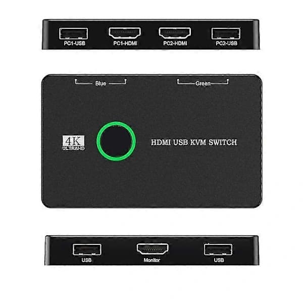 KVM Switch 2-Port Box USB og HDMI-kompatibel switch til 2 computere, der deler tastatur, mus, printer