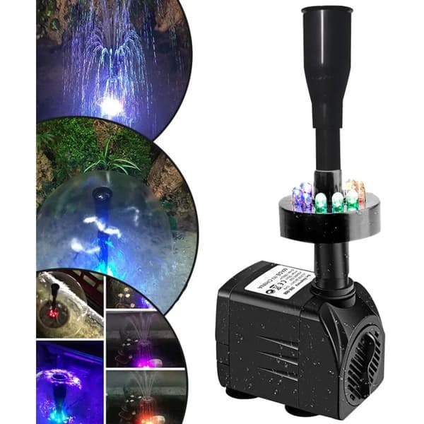 Springvandspumpe med LED-belysning, ideel til haven.