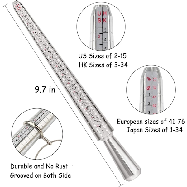 Ringe Størrelsesværktøj Inkluderet Ringmandrel og Ringemåler, 4 Størrelser Ringmålestok Metalmandrel og Fingerstørrelsesmåleværktøjssæt til Smykkefremstilling