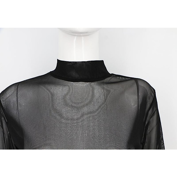 Sexet dame T-shirt gennemsigtig mesh toppe langærmet tynd slim dame turtleneck T-shirt