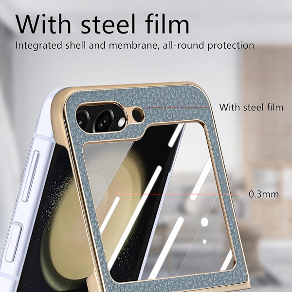 Z Flip 5 Case, Lychee Pu Leather Plating Pc Case Compatible Samsung Galaxy Z Flip 5 With Back Screen Protector