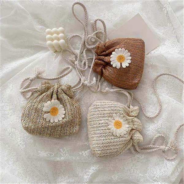 Stråstrandtasker med snøre, blomsterbroderede tasker, damer, blonde-crossbody-håndtasker til rejser White