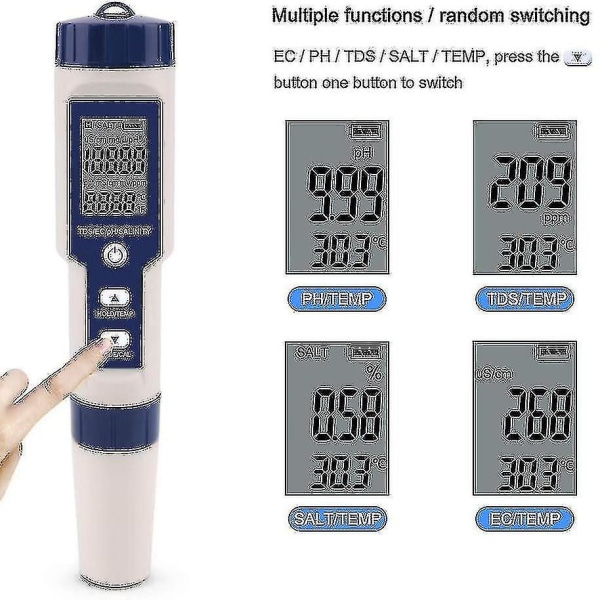 5 i 1 vattentestare Multifunktionell vattenkvalitetstestare, digitala Tds/ec/salthalt/ph/temperatur för dricksvatten, pool, akvarium, fisk