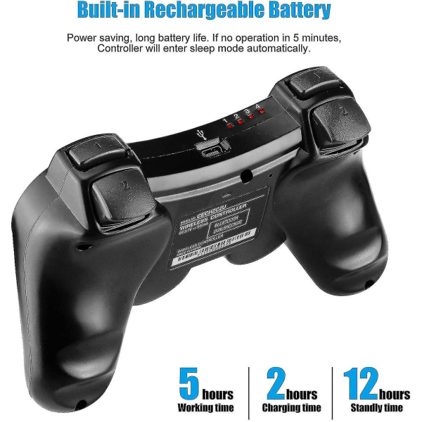 PS3 Controller, Trådløs Controller til Playstation3 Bluetooth Gamepad til PS3 med Dobbelt Vibration Seks-akset Fjernbetjening (Sort)