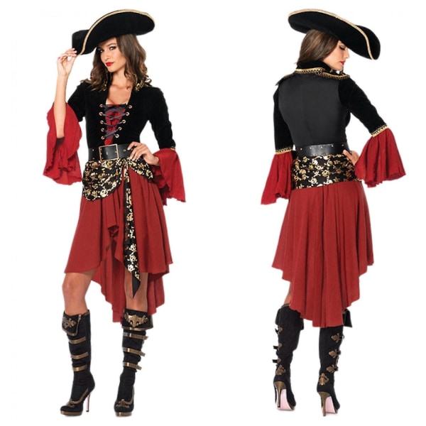 Kvinders Cruel Seas Pirate Captain Dress kostume med påsat skærf, bælte, hat, sort/burgunder, Xl