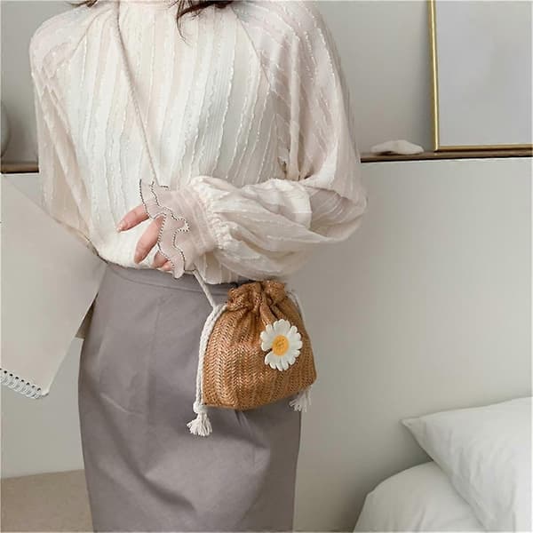 Stråstrandtasker med snøre, blomsterbroderede tasker, damer, blonde-crossbody-håndtasker til rejser White