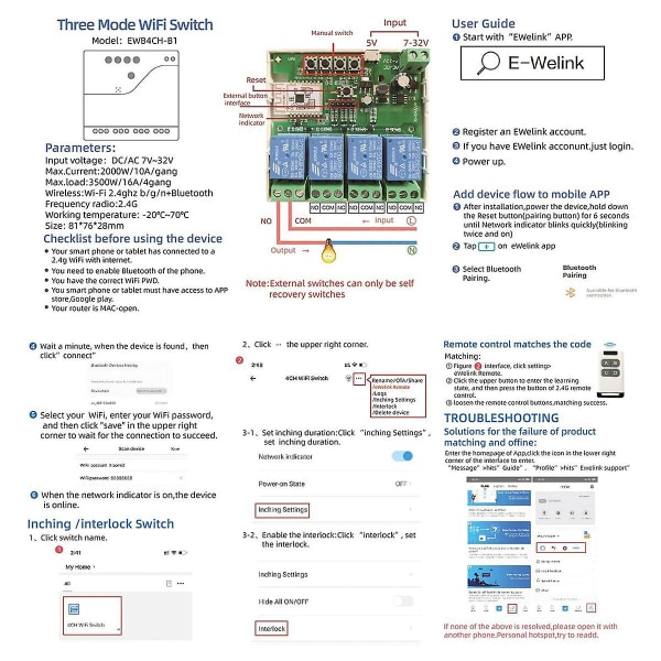 Smart Wifi Bluetooth Relæmodul + Fjernbetjening 85-250v Tænd/Sluk Styring 4ch 2.4g Wifi Fjernbetjening Til