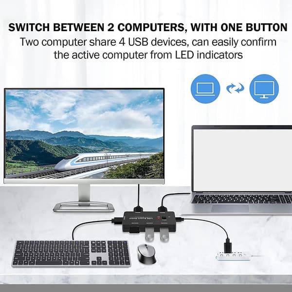 USB-switch för 2 datorer, delar 4 USB-enheter, USB KVM-växlare med en knapp för byte, 4
