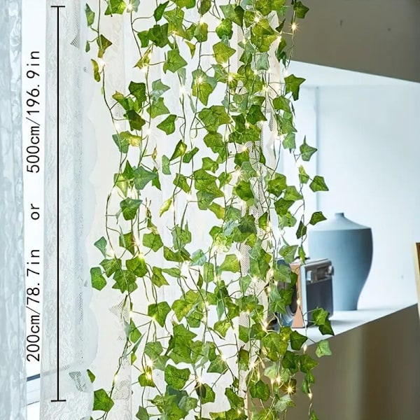 Simulerad grön blad rotting LED koppartrådslampa, konstgjord blad blomma fe slinga ljus batteridriven LED