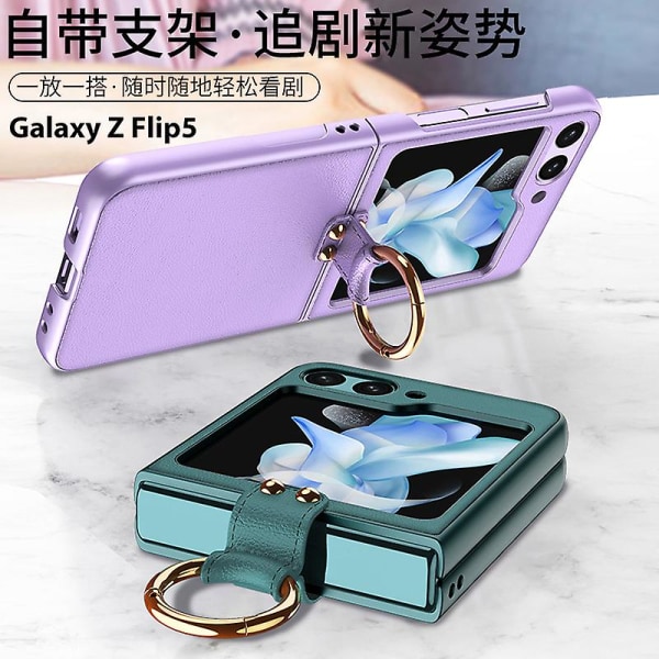 Pu- case kompatibelt Samsung Galaxy Z Flip 5 med externt skärmskydd och ringhållare helkroppsskydd