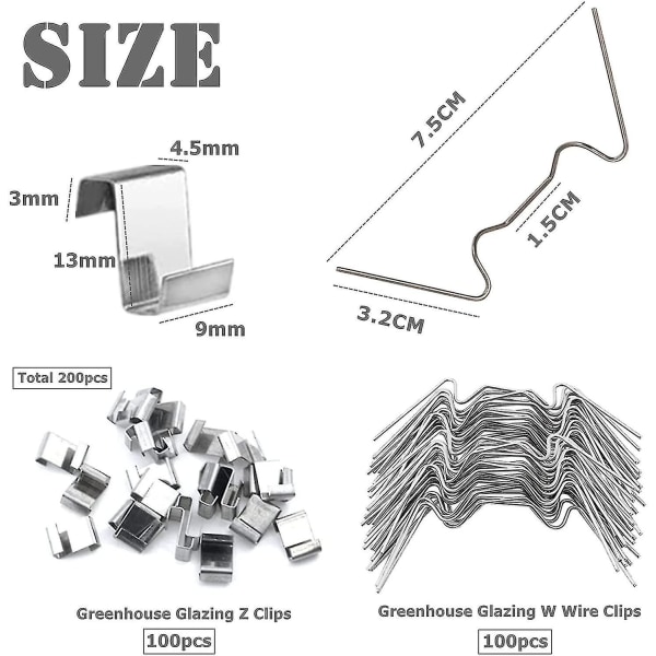 100 stk 50x Drivhusglassklemmer med tråd og 50x Z-overlappende klemmer for drivhusglassutskifting Tilbehør Drivhusglassklemmer Rustfritt stål G
