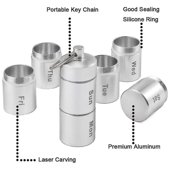 Bærbar aluminiumslegering 7 dager delt pilleorganiseringsboks forseglet medisinoppbevaringsrør