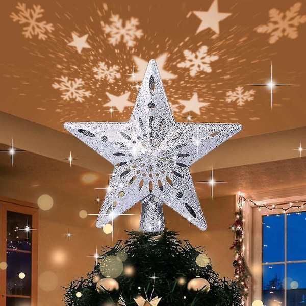 Juletrestjerne, 4m usb julestjerne lys opp med led snøfnugg projektorlampe, 2 i 1 roterende juletrestjerne til julepynt