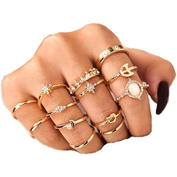 13 stycken Set Knuckle Guld Boho Style Girls Vintage Gemstone Crystal Knuckle Knot Ringar för tonårsfest Dagliga semester smycken presenter