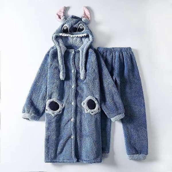 Tecknat pyjamasset för par - Varm vinterfleece myskläder för män och kvinnor Blue B L