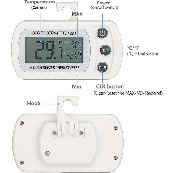 PIAO 2 st Digital Kylskåps- och Frys Termometer -20 till 50  C med Hängare, Lättläst LCD-Skärm, Max Min Registreringsfunktion (vit)