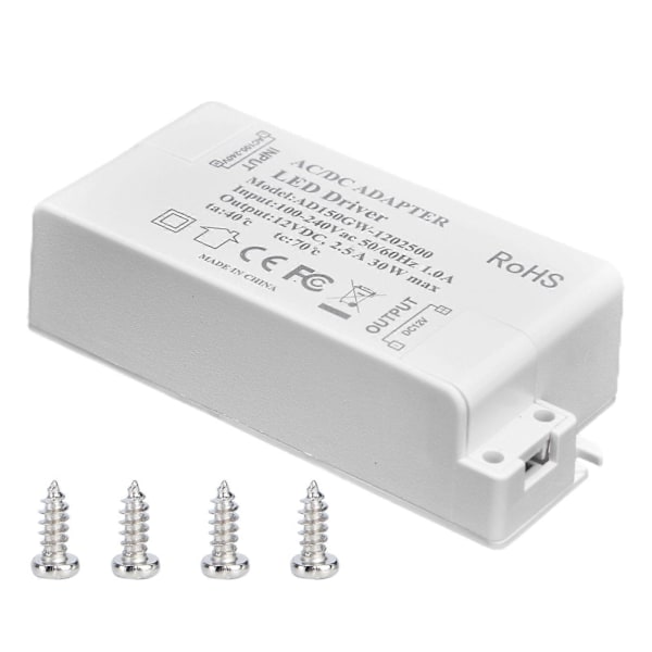 30W DC 12V 2.5A LED-drivr Konstant Spänning Ingen Flimmer LED-ljus Transformator för Badrum Toalett AC 100240V
