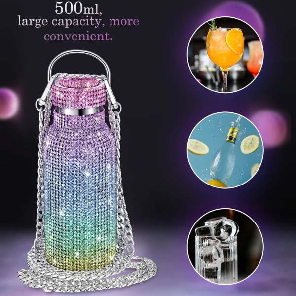 Timantti-eristetty Vedenpullo Kimaltava Rhinestone Ruostumattomasta Teräksestä Täytettävä Glitter Termos Ketjulla Naisille Tytöille Lahjoiksi (Sateenkaaren Värit, 500ml