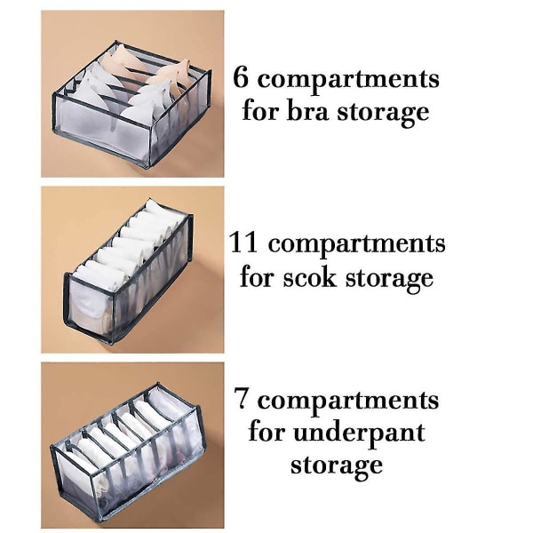 Alusvaatteiden organizer vetolaatikon jakaja, 3 set , sisältää 6+7+11 solulla kokoontaitettavaa kaappikaappilaatikon säilytyslaatikkoa