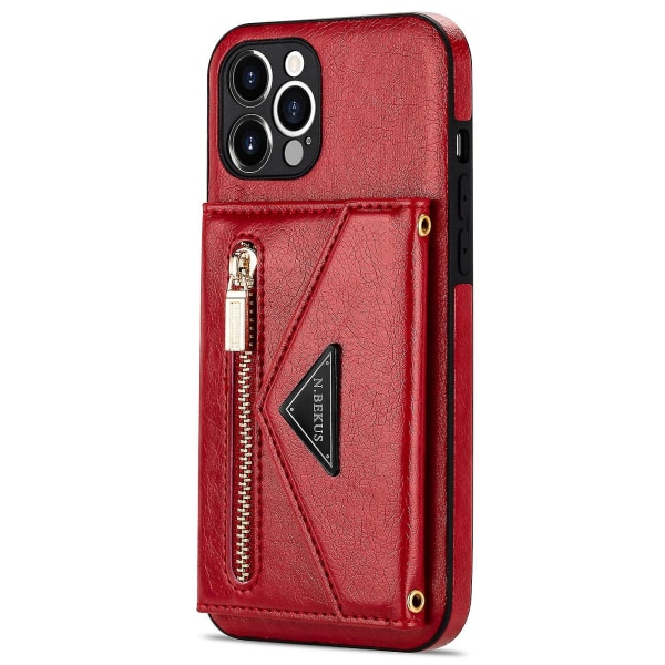 N.bekus Iphone 12 Pro 6,1 tuuman Kickstand Design Vetoketjullinen tasku Pu-nahka + TPU phone case pitkällä kaulanauhalla - punainen