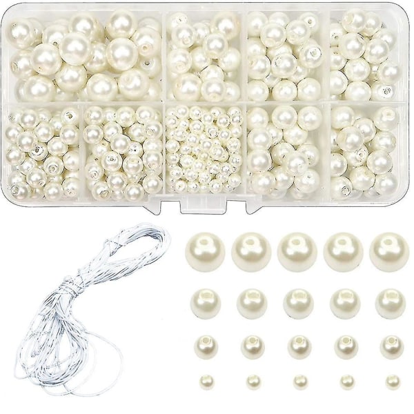 Hvide perler glasperler, pakke med 488 runde perler, til smykkefremstilling