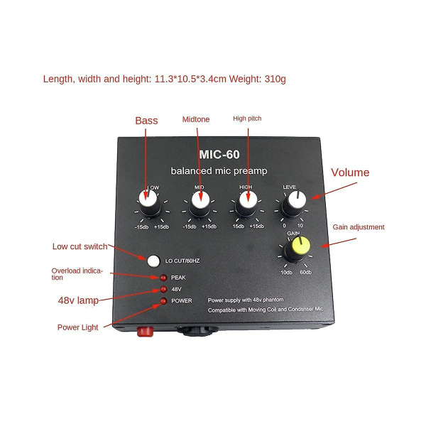 Tasapainotettu dynaaminen mikrofoni kondensaattorimikrofoni vahvistin musiikin äänivahvistin Mic-60, 48v ph
