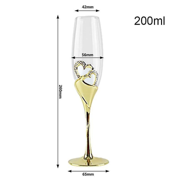 2-pack Bröllops Champagneglas med Guldmetallstativ, Kristall, Flöjter, Vinglas, Bägare, Fest, Par, Alla hjärtans dag-gåvor, 200 ml