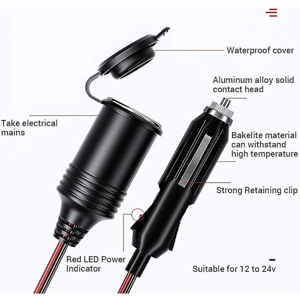 Billadapter for bil 3m kabel - ekstra lang kabel 3,0 meter med hunnlig inline-kontakt Passer til å drive dekkpumpere, støvsugere og annet