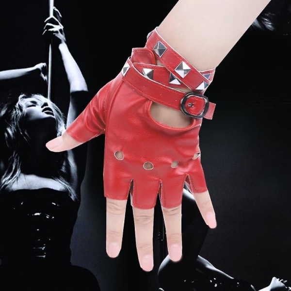 Punk-hansker i pu-skinn, nagler, belte opp eller knips med halvfinger ytelsesvotter, rød