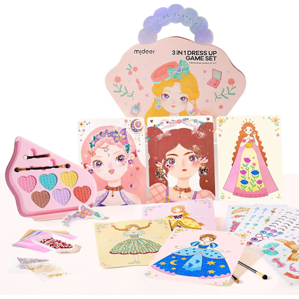 4-in-1 Dress Up Game Set, Princess Fantasy Makeup Fantasy Dress-Up Kit, Foil Art & Diamond Painting Books, Creative Role-Playing Adventure Girls Gifts