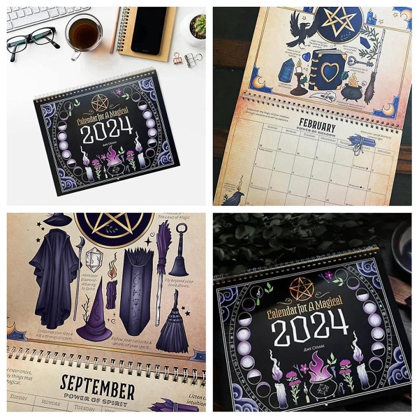 2024 kalender for en magisk, tidsplanlægning vægdekoration Sort magisk heks vægkalender Magical Dail