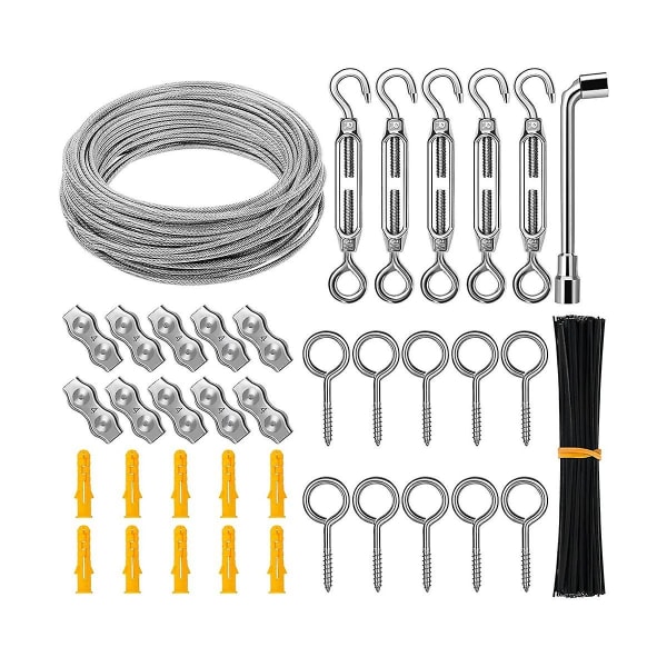String Light Hanging Kit, 1/8 tum kabeltråd, 98ft belagd vajer med spännskruvar och krokar för