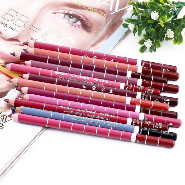 12 stk Profesjonell Lipliner Pencil Vanntett Wooden Blend Lip Liner Pencil