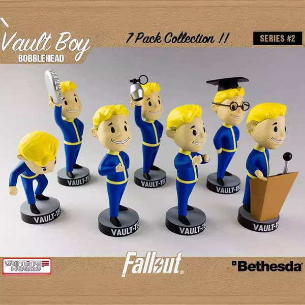 Vault Boy Q version 1 generation 7 bobblehead dockor, boxad docka F