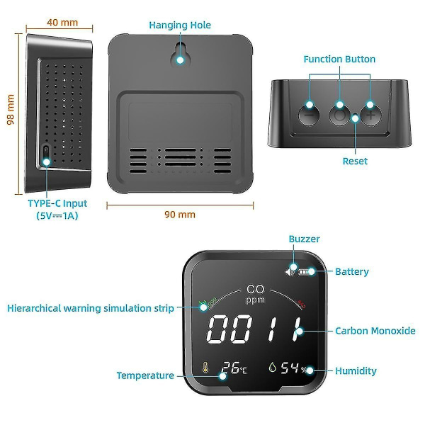 Kolmonoxiddetektor Gasdetektor med temperatur- och fuktighetssensor, piplarm och CO Visual