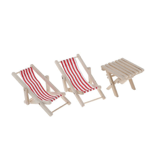 2x1/12 Dockskåp Miniatyr Trä Randiga Loungestolar Bord Strandset Röd