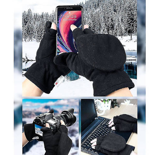 Vinterhandsker 3m Thinsulate Fingerless Konvertible Termiske Luffer Vindtætte Isolerede Polar Fleece Varme Til Mænd Og Kvinder Sort