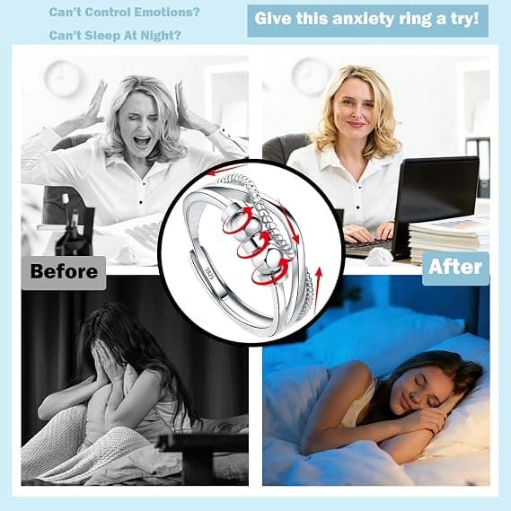 Sølv angstring, stresslindrende fidget spinner ring, perlebesat, zirkon tommelfingerring